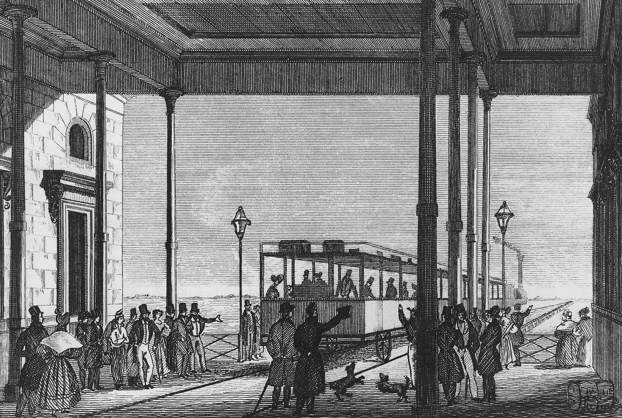 Trem saindo da estação ferroviária Venezia Santa Lucia, Veneza, Itália, gravura de Unbekannt Unbekannt