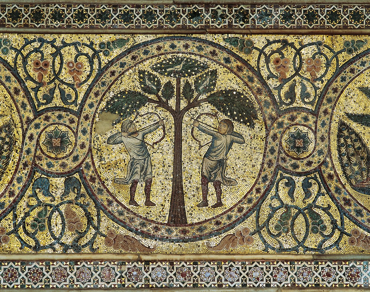 Dois caçadores com arcos, detalhe do mosaico de Unbekannt Unbekannt