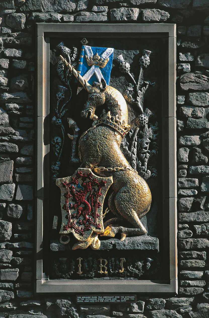 Unicórnio, crista heráldica na fachada do palácio de Holyrood, Edimburgo, Escócia, Reino Unido de Unbekannt Unbekannt