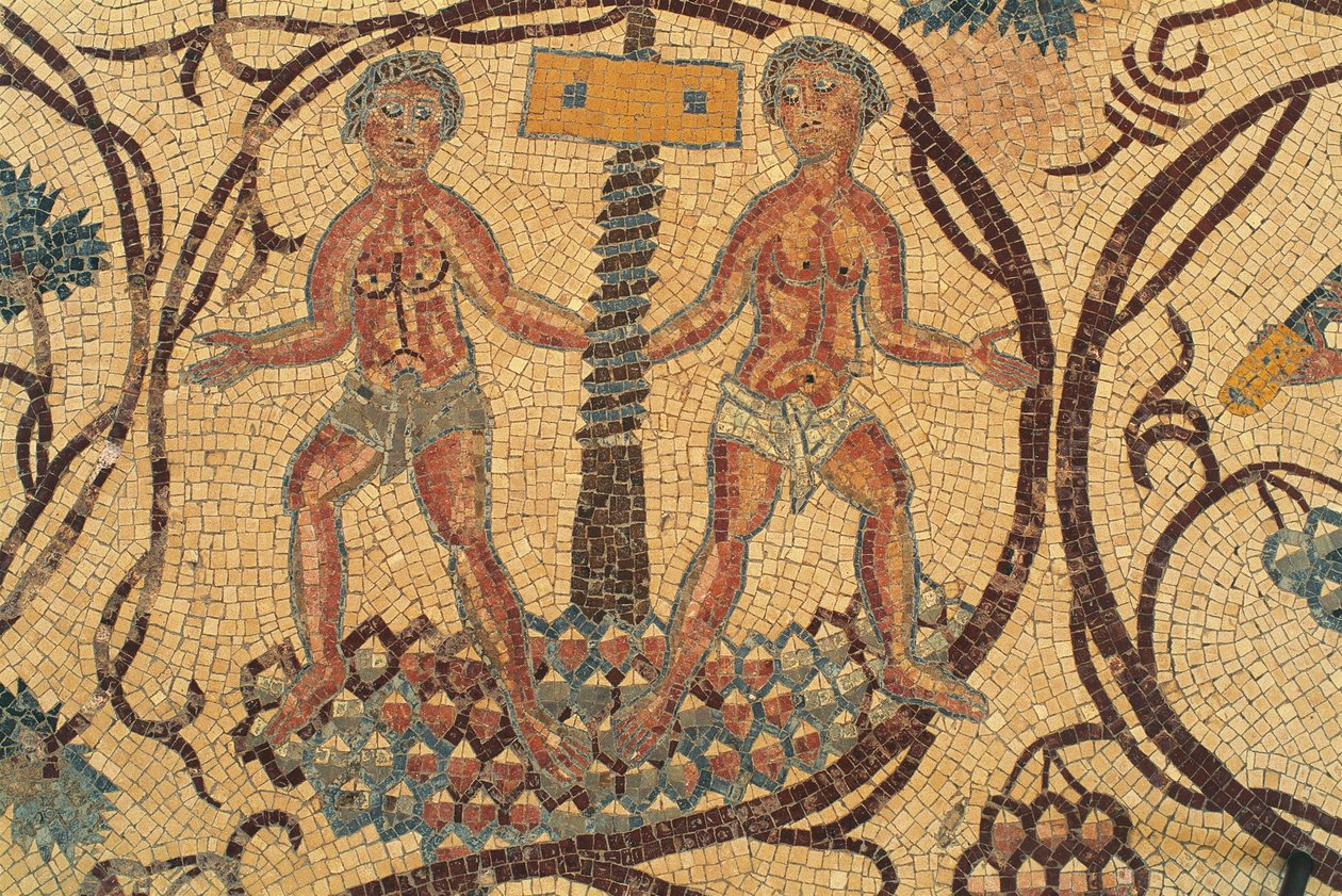 Lagar de vinho, detalhe do mosaico de chão com cenas da vida quotidiana, Igreja dos Santos Lote e Procópio, Nebo, Khirbet al-Mukhayyat, Jordânia, civilização bizantina, século VI d.C. de Unbekannt Unbekannt