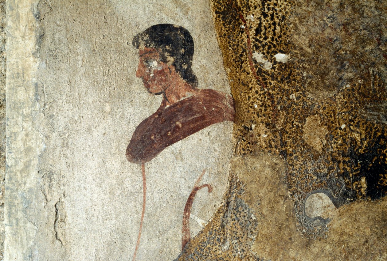Jovem, detalhe do fresco de Paestum, Campania, Itália, civilização grega antiga, Magna Graecia (foto) de Unbekannt Unbekannt