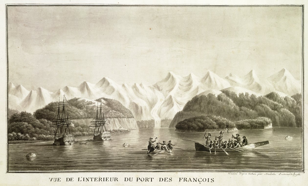 Le Port des Francais, Alasca, de &39;Voyage de La Perouse&39;, julho de 1786 (caneta e tinta no papel) (ver também 169018) de Lieutenant Blondela