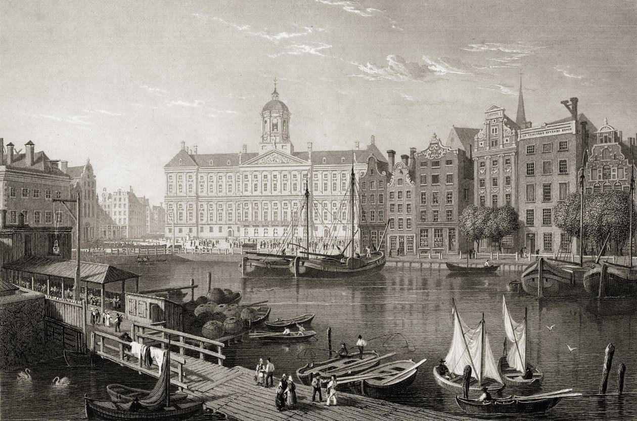 O Palácio Damrak, Amsterdã, de "Vistas selecionadas de algumas das principais cidades da Europa", gravado por R. Brandard, publicado em Londres, 1832 de Lieutenant Colonel Batty