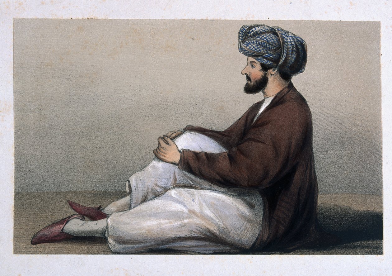 Major Chas Griffiths, 37ª Infantaria Nativa, sentado em traje afegão, 1842 de Lieutenant Vincent Eyre