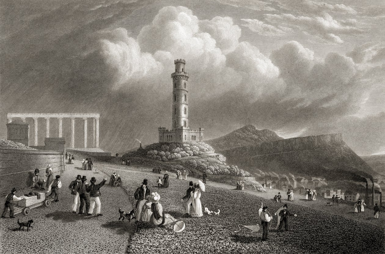 Monumento de Nelson, Calton Hill, Edimburgo, de "Vistas selecionadas das principais cidades da Europa" gravada por Kernot, publicada em Londres, 1832 de Lieutenant Colonel Batty