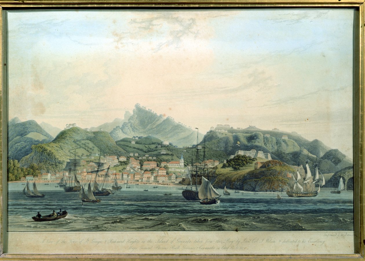 Uma vista da cidade de St. George e Richmond Heights, na ilha de Granada, gravada por William Daniell 1769-1837, c.1810 de Lieutenant Colonel J. Wilson