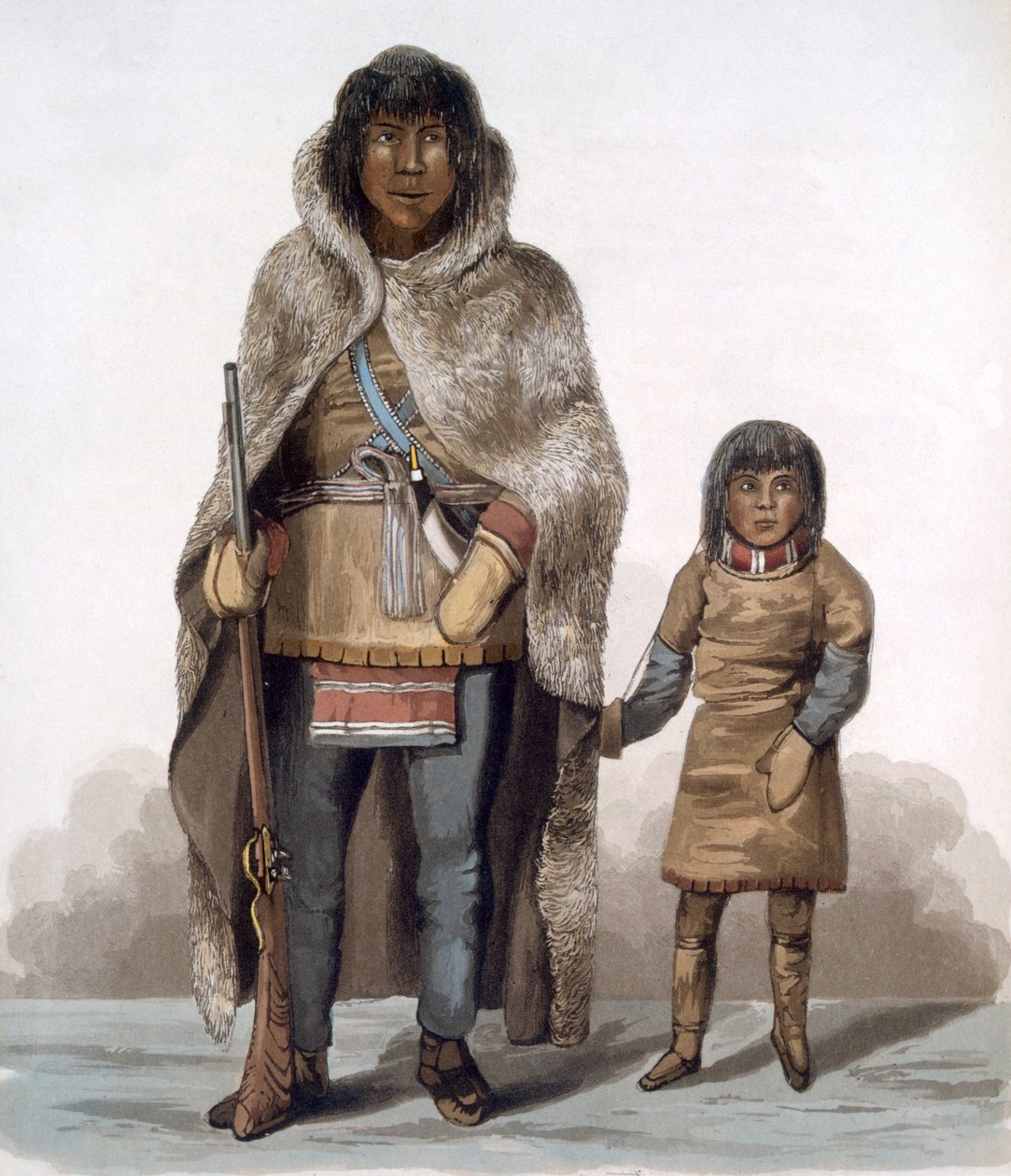 Retrato de Akaitcho e seu filho, 1824 de Lieutenant Hood