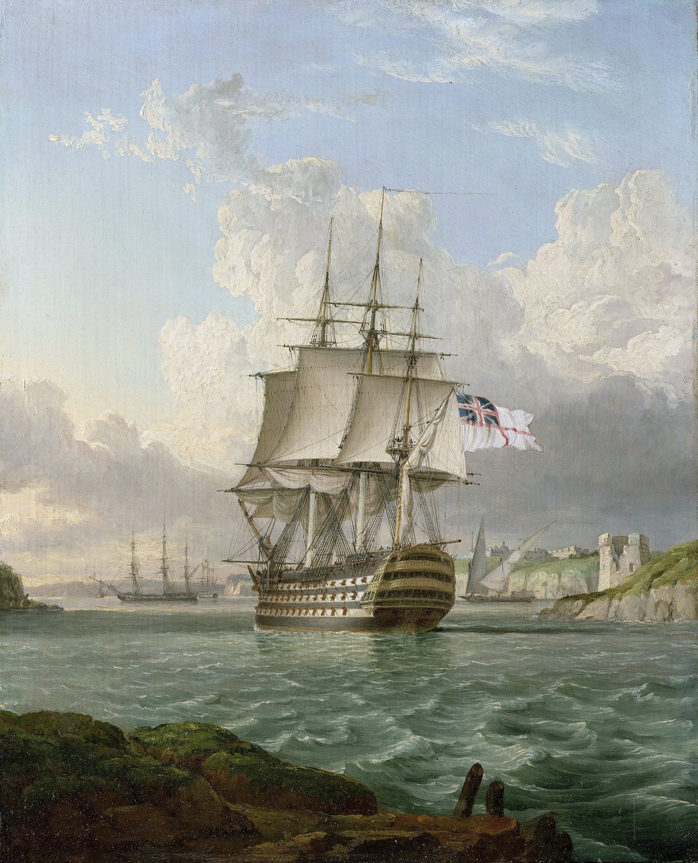 O HMS "Britannia", um navio de 120 canhões, construído em 1820, que sai de um porto no Mediterrâneo, provavelmente o de Malta de Lieutenant Robert Strickland Thomas