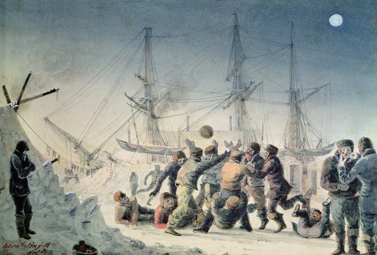 Incidentes em uma jornada comercial: homens jogando futebol a bordo do HMS &39;Terror&39;, 1836 de Lieutenant Smyth