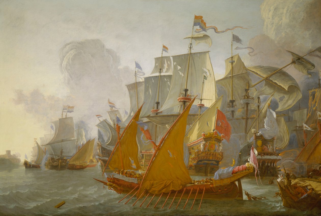Ação entre a frota holandesa e os piratas bárbaros, c.1670 (pintura a óleo) de Lieve Verschuier