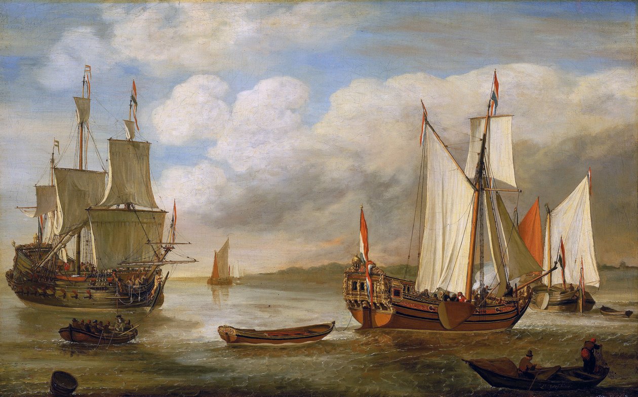 Variedade de barcos holandeses: veleiros, navios e barcaças. Óleo sobre tela de Lieve Pietersz Verschuier (1630-1686). de Lieve Verschuier