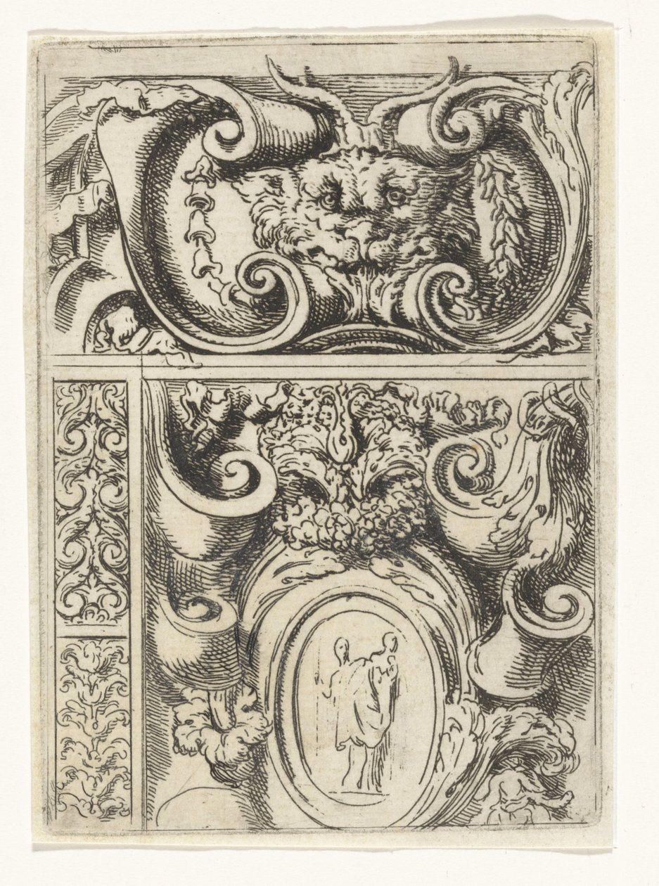 Cartouche com cabeça de animal e abaixo de um cartouche com Madonna e criança
Divertimenti di Livio Meus (título da série) de Lieven Mehus