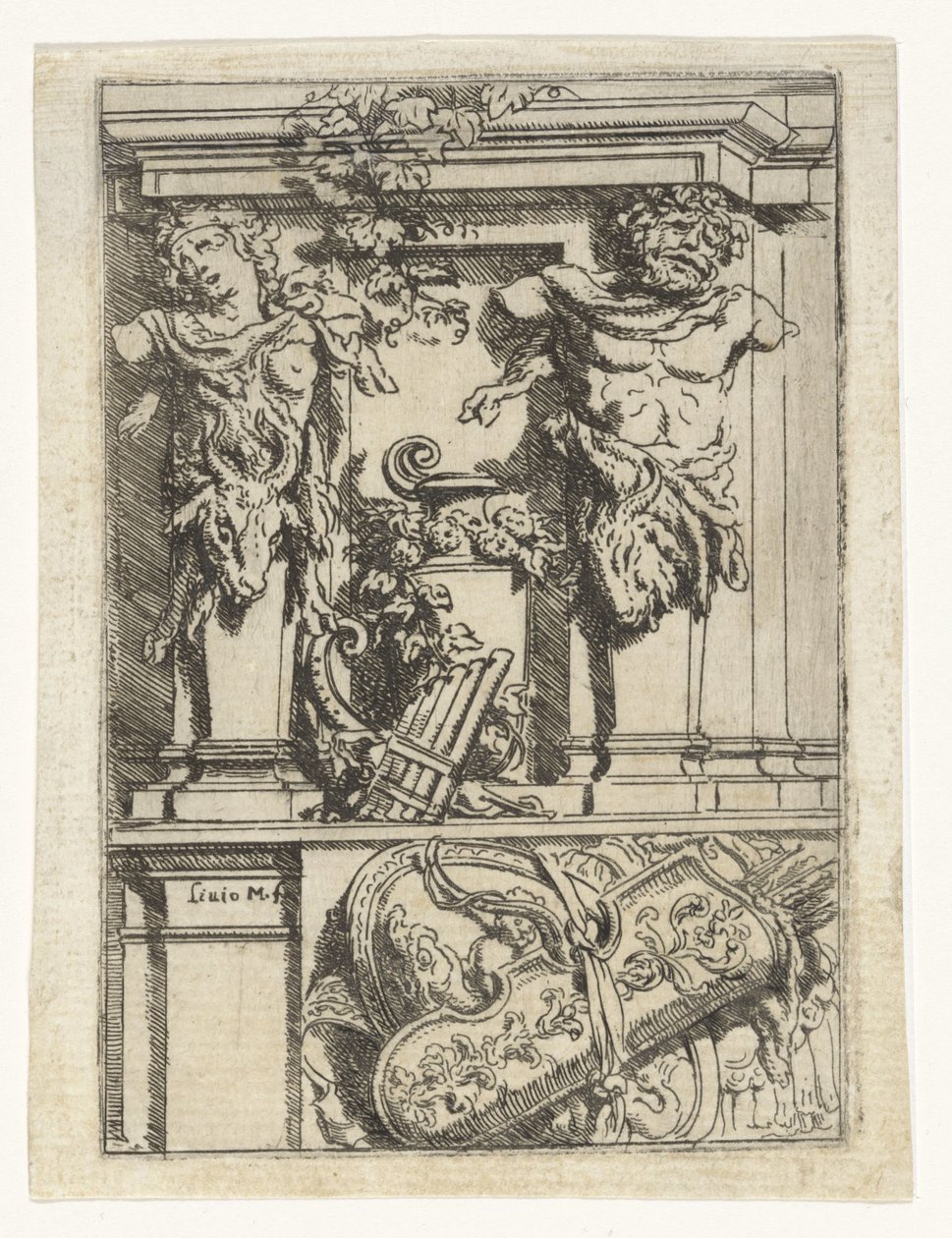 Duas caryatids, uma flauta de pan, um arco e flecha e um escudo
Divertimenti di Livio Meus (título da série) de Lieven Mehus