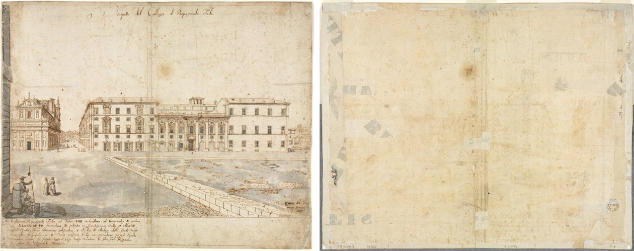 Dezoito Vistas de Roma: O Collegio di Propaganda Fide (reto); Esboços de janelas e pilastras do sótão do Collegio di Propaganda Fide (verso) de Lievin Cruyl