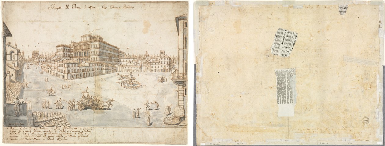 Dezoito Vistas de Roma: A Piazza Barberini (reto); Traçado de uma fonte de Recto e esboços de duas faces (verso) de Lievin Cruyl