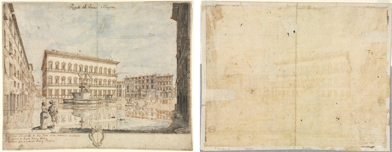 Dezoito Vistas de Roma: A Piazza Farnese (reto); Cartucho (verso) de Lievin Cruyl