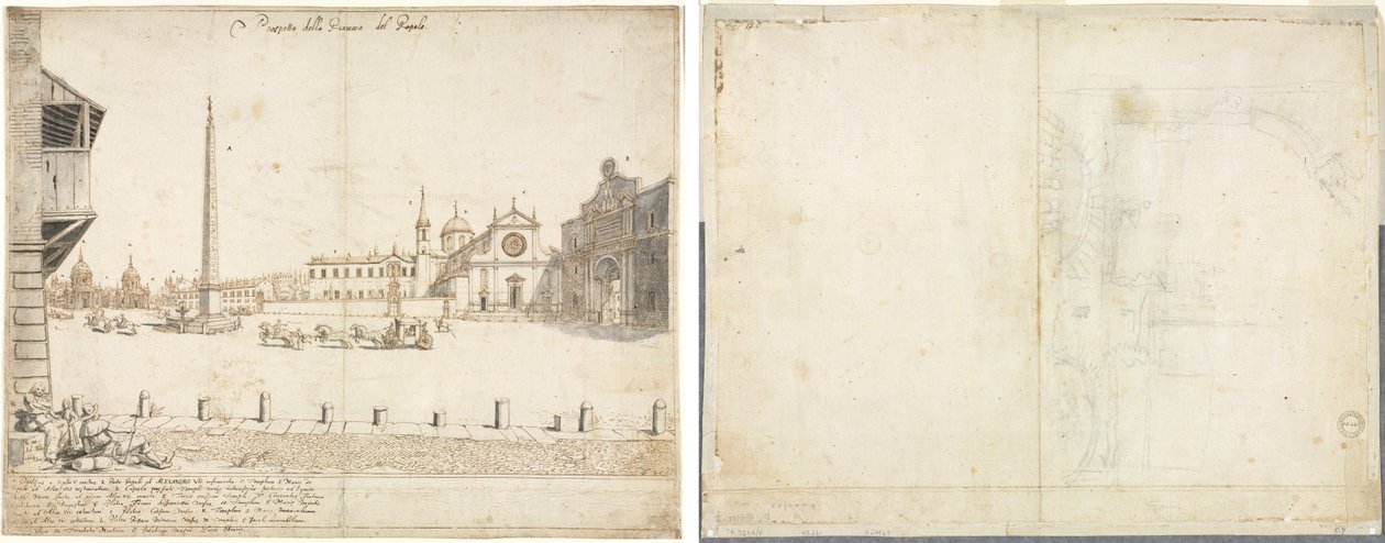 Dezoito Vistas de Roma: A Piazza del Popolo (reto); Esboço para San Giovanni in Laterano (verso) de Lievin Cruyl