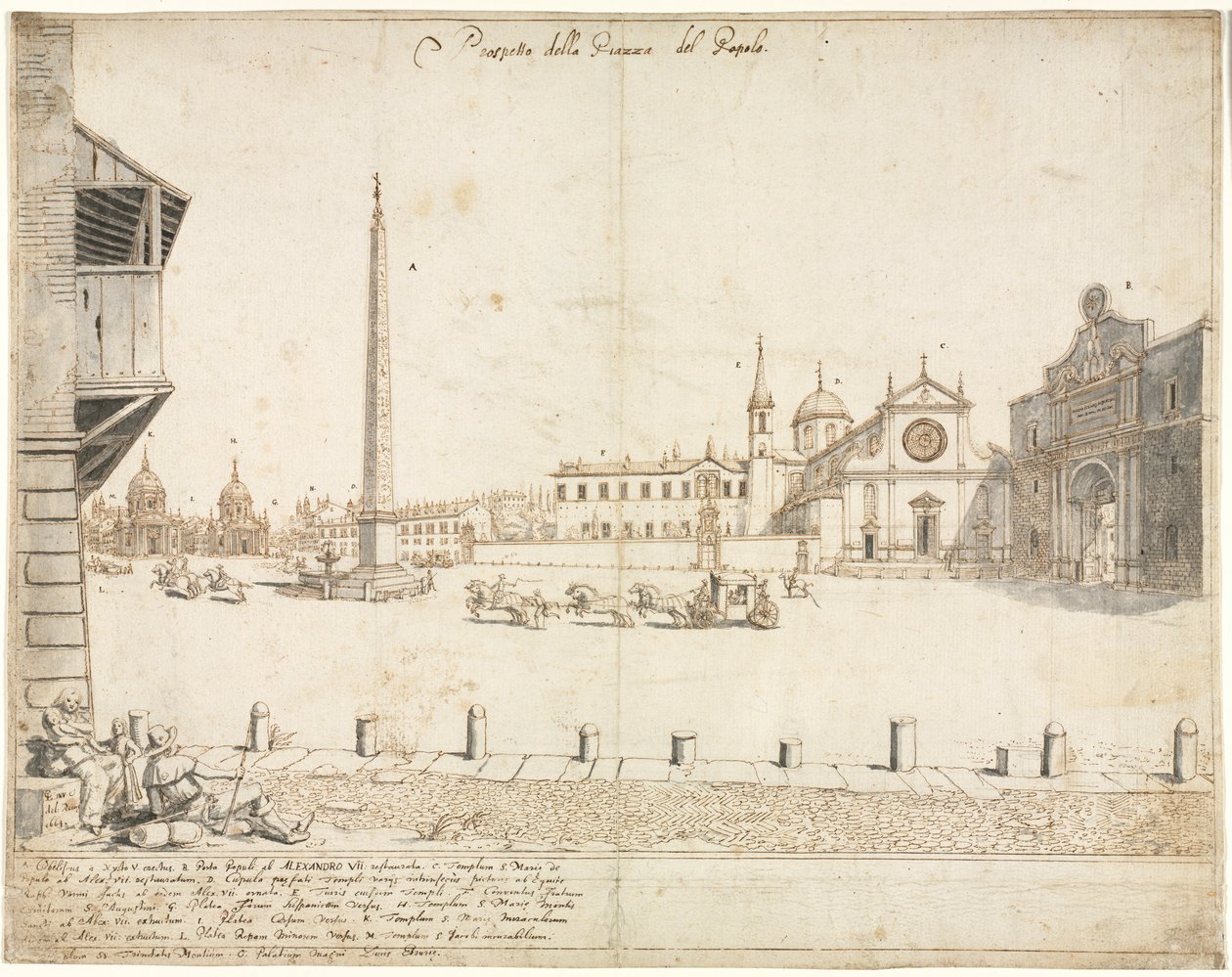Dezoito vistas de Roma: a Piazza del Popolo reto, 1664. de Lievin Cruyl