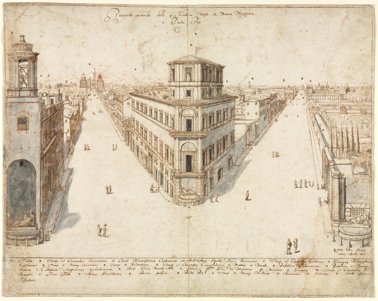 Dezoito vistas de Roma: o Quattro Fontane olhando para Santa Maria Maggiore, 1665. de Lievin Cruyl