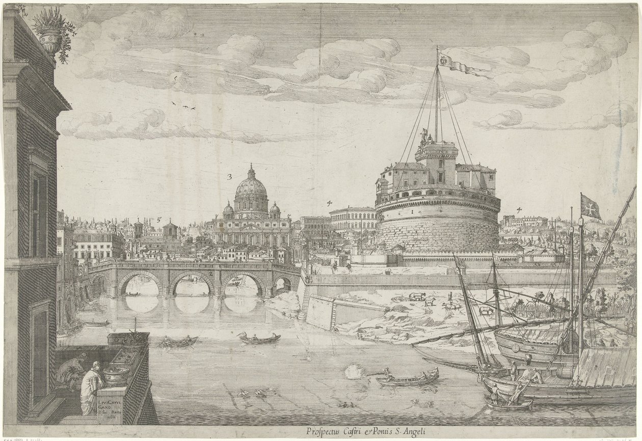 Vista de Roma Proppectus caftri e Pontis S. Angeli (título no objeto) de Lievin Cruyl