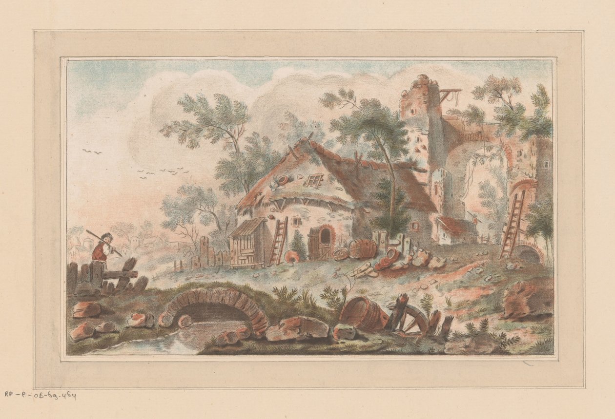 Casa em frente a um portão da cidade dilapidado, com um homem numa ponte em primeiro plano de Liger (attributed to)