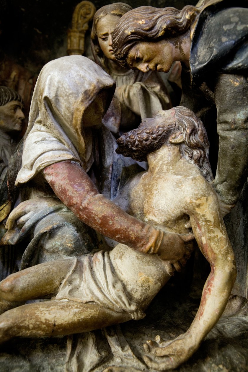 Peça de altar, painel direito, detalhe, A deposição da cruz (pedra pintada) de Ligier Richier