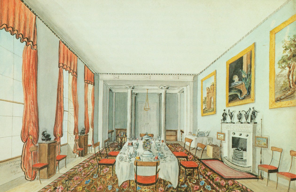 A sala de jantar em Aynhoe, 23 de janeiro de 1835 (aguarela sobre papel) de Lili Cartwright