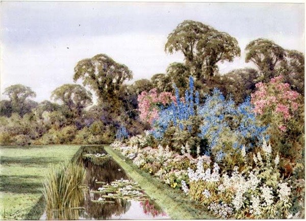 Uma Fronteira Herbácea ao lado de uma lagoa (aguarela) de Lilian Stannard
