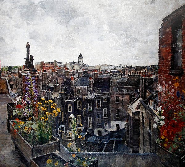 City of London Skies and Flowers (Roofs of High Holborn) 1930s (óleo sobre tela) de Lily Delissa Joseph