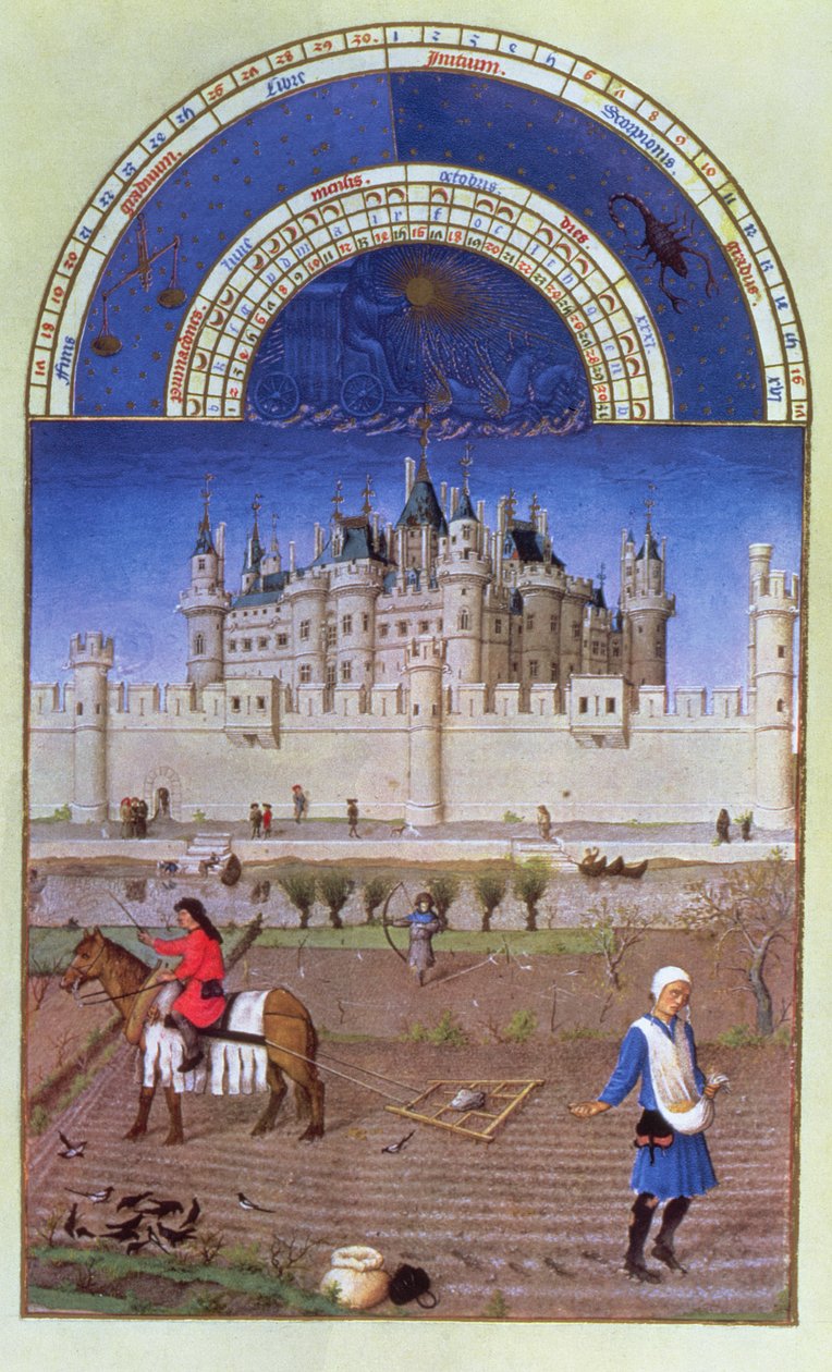 Fac-símile de outubro: semeando o grão de inverno pelos irmãos Limbourg, do &39;Três riquezas Heures du Duc de Berry&39; de Limbourg Brothers
