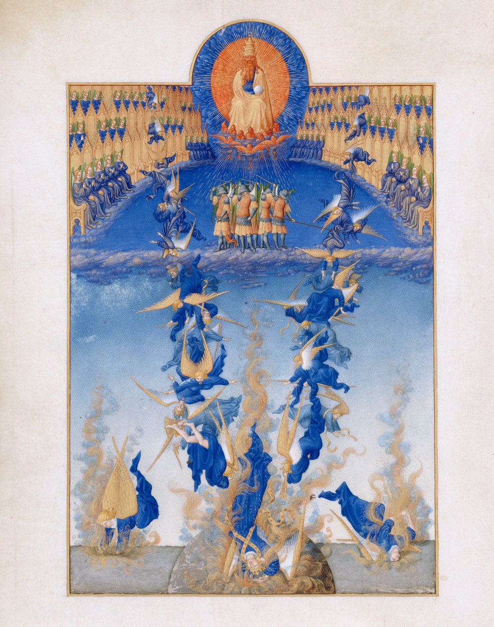 Horas muito ricas do Duque de Berry Folio 64, verso: A Queda dos Anjos Rebeldes de Limbourg Brothers
