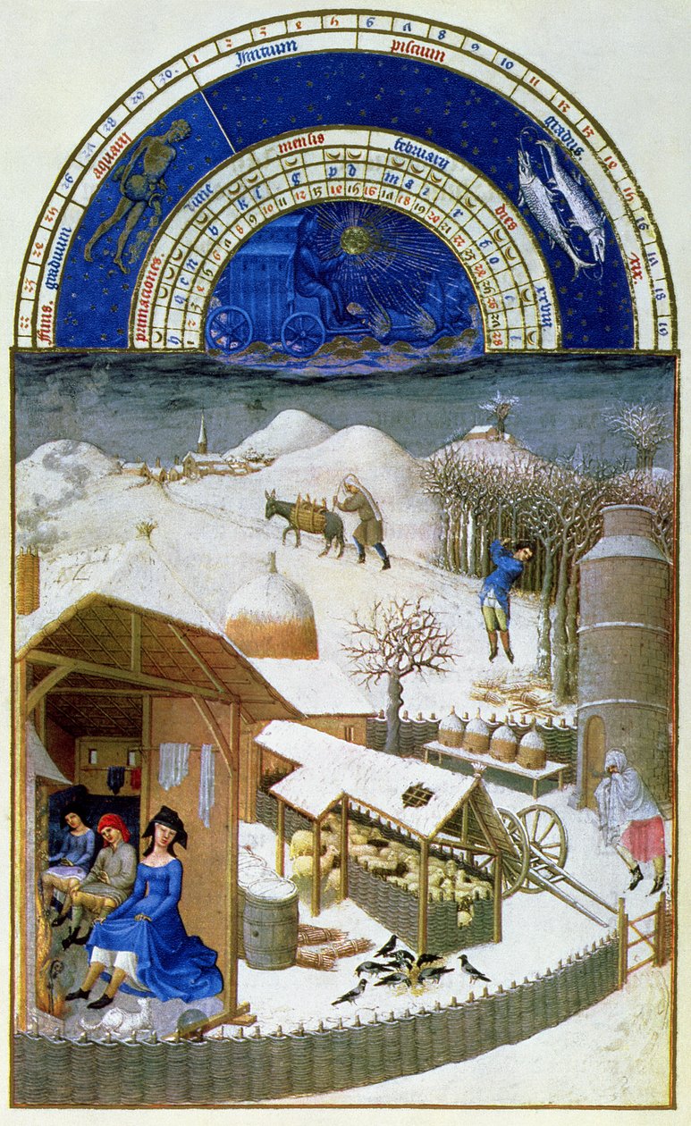 Fac-símile de fevereiro: cena de capoeira com camponeses, copiada de &39;from the&39; Tres Riches Heures du Duc de Berry &39;(para original ver 8434) de Limbourg Brothers