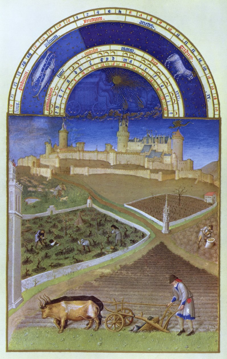 Fac-símile de março: camponeses no trabalho em uma propriedade feudal, do &39;Tres riquezas Heures du Duc de Berry&39; (para original ver 8435) de Limbourg Brothers