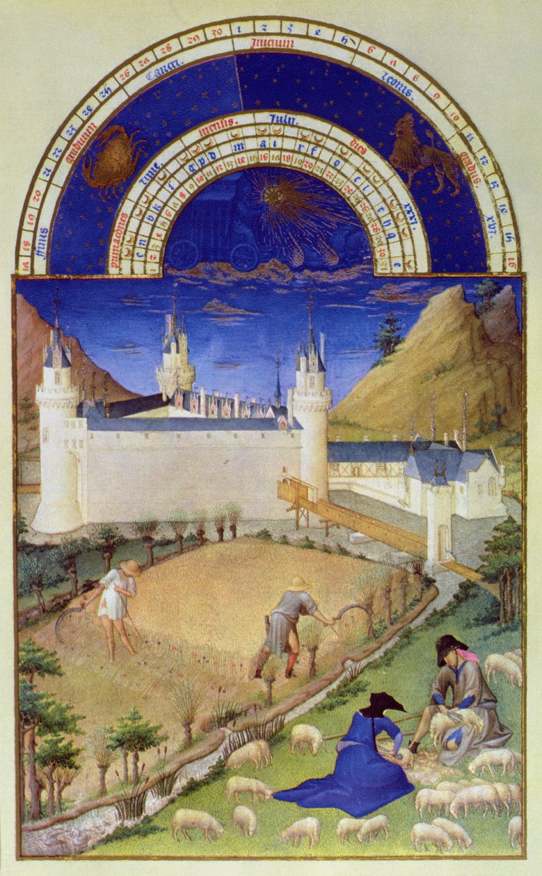 Fascimile de julho: Colheita e tosquia de ovelha, do &39;Tres riquezas Heures du Duc de Berry&39; (para original ver 8439) de Limbourg Brothers