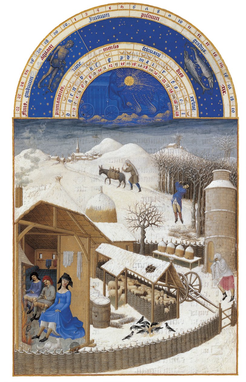 Fevereiro As Horas Muito Ricas do Duque de Berry, 1412-1416. de Limbourg Brothers