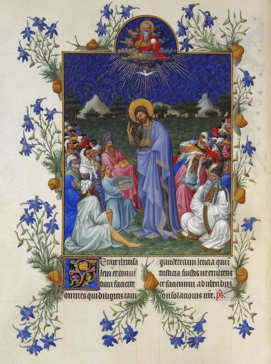 Très Riches Heures du Duc de Berry - A Alimentação da Multitude de Limbourg Brothers