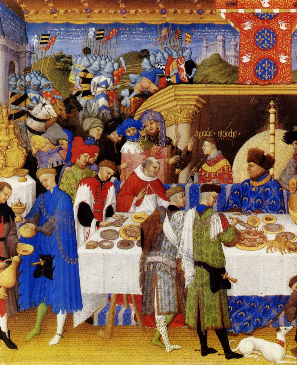 Très Riches Heures du Duc de Berry Fólio 1, verso: janeiro de Limbourg Brothers