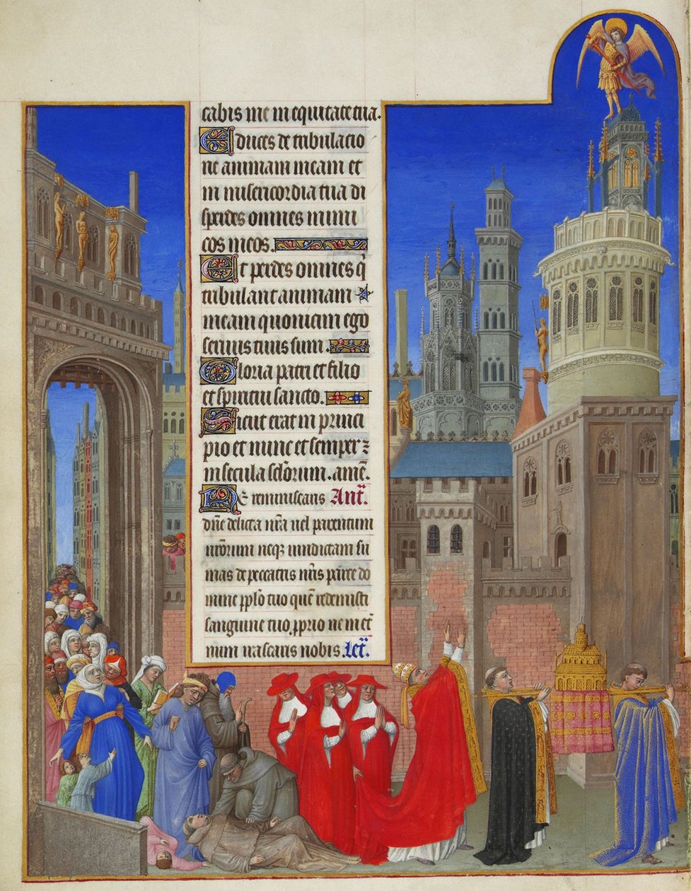 Très Riches Heures du Duc de Berry: A procissão de São Gregório, primeira parte de Limbourg Brothers