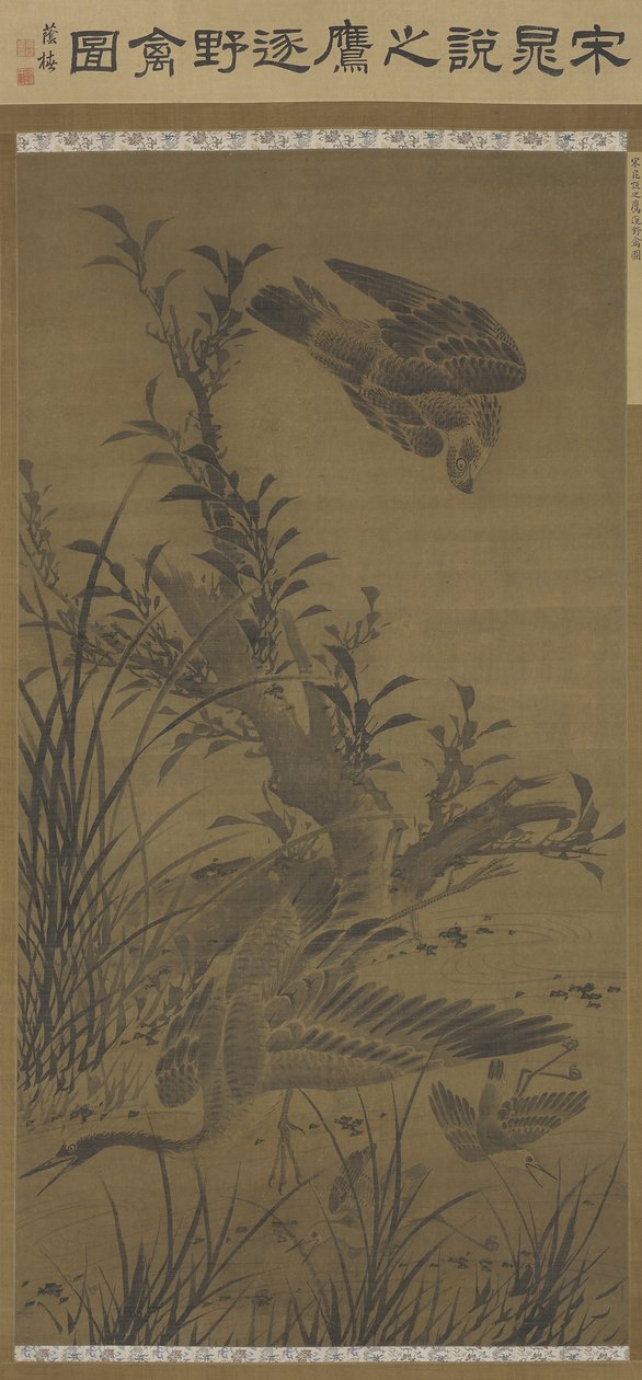 Hawk Pursuing Water Fowl, Dinastia Ming, final do século XV e início do século XVI (tinta e cor na seda) de Lin Liang