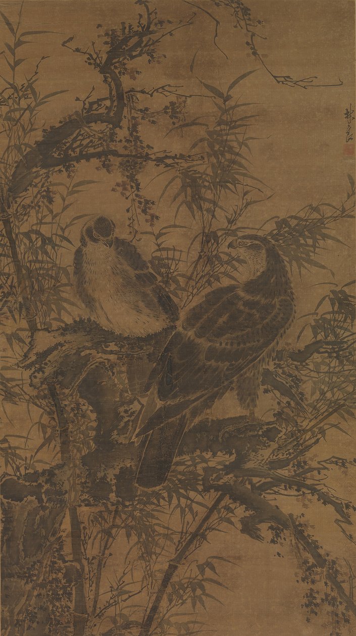 Dois falcões numa mata, em meados do século XV. de Lin Liang