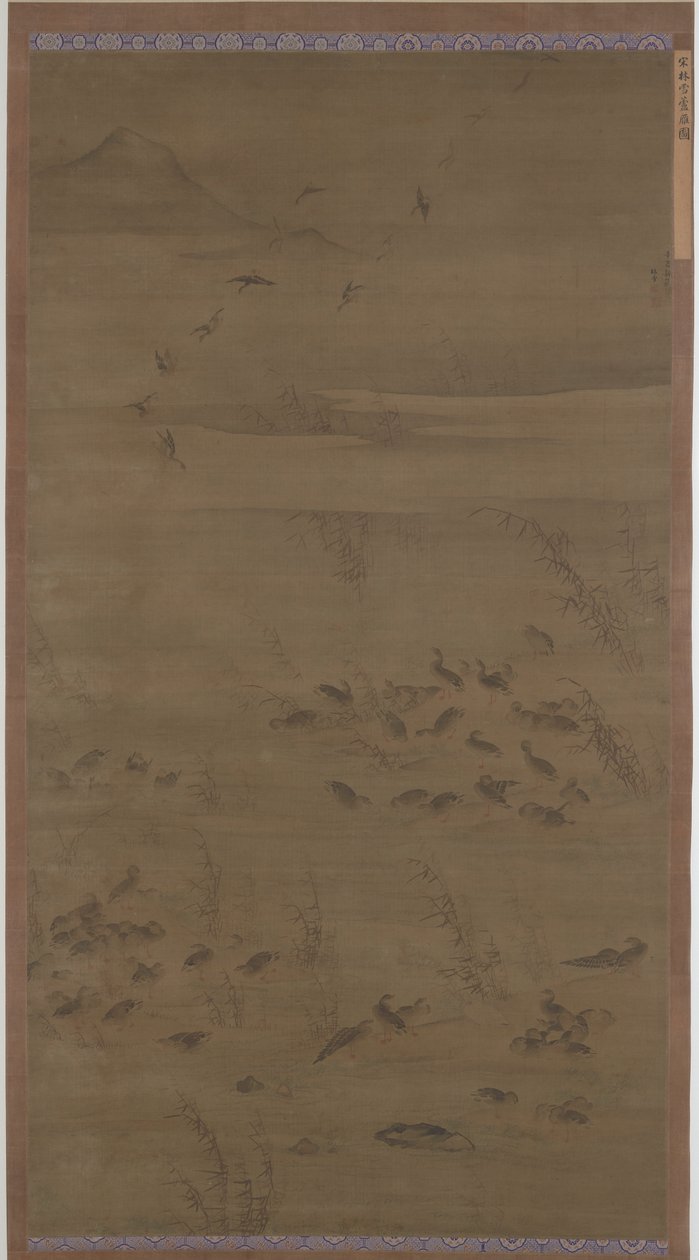 Gansos descendo nas areias de Lin Xue