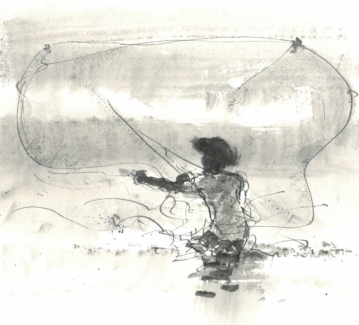 Pescador, Sri Lanka, 2015 (caneta e tinta com a lavagem no papel) de Lincoln Seligman