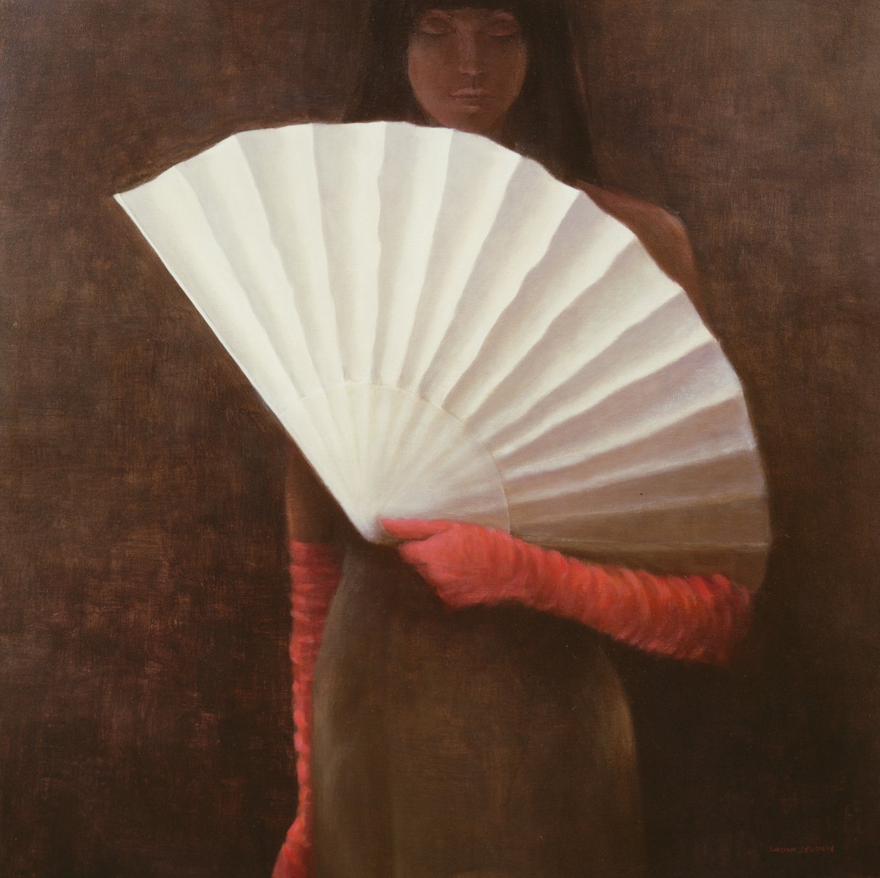 Menina, com, branca, ventilador de Lincoln Seligman