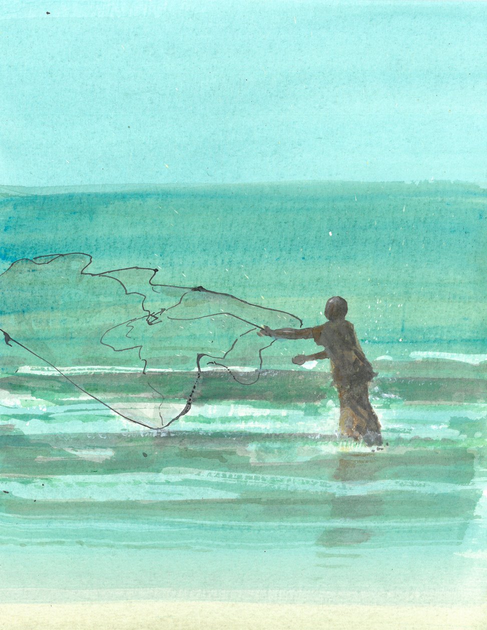 Lone Fisherman 1, 2015 (caneta e tinta com wc no papel) de Lincoln Seligman
