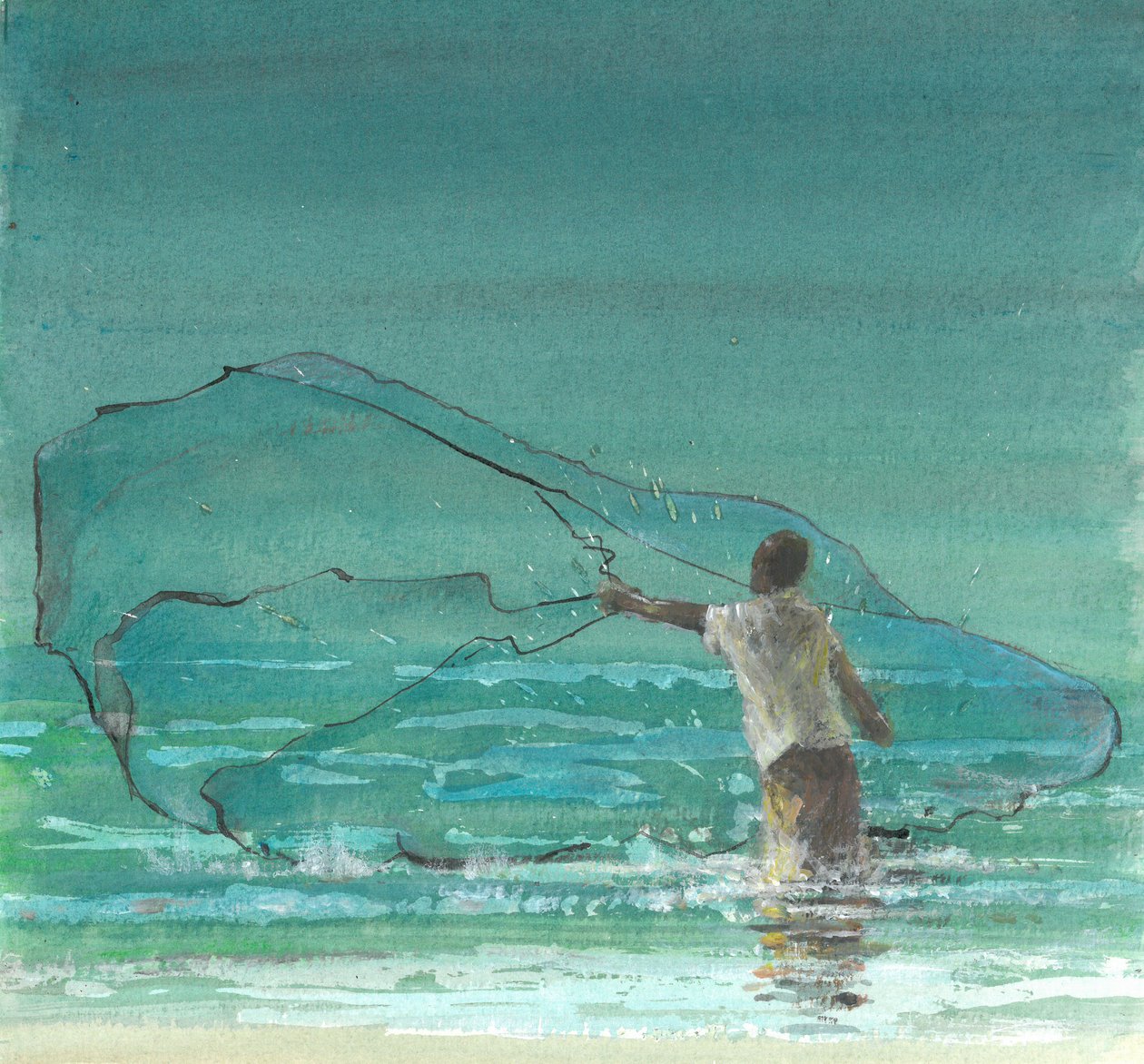 Lone Fisherman 3, 2015 (caneta e tinta com wc no papel) de Lincoln Seligman