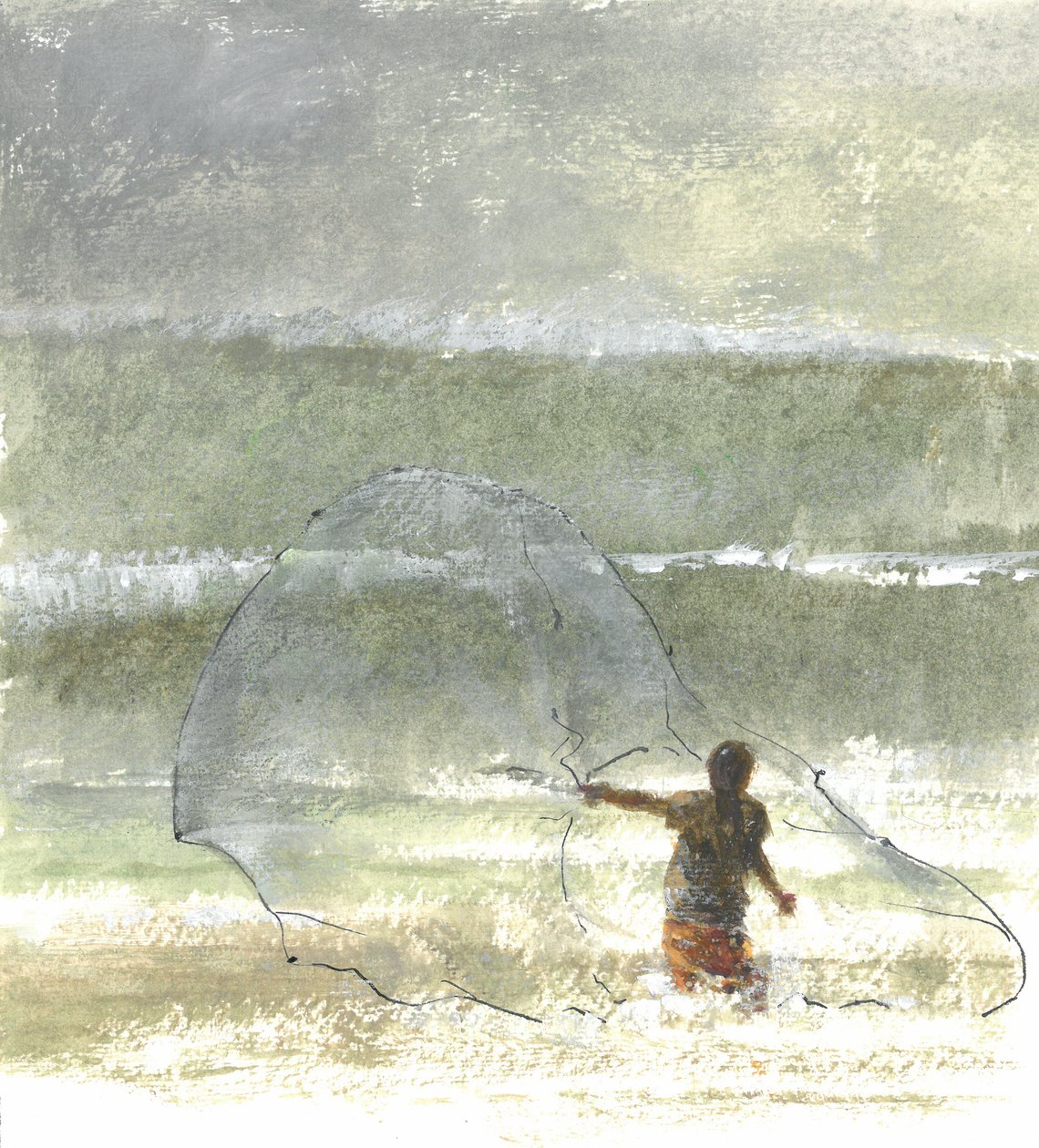 Lone Fisherman 4, 2015 (caneta e tinta com wc no papel) de Lincoln Seligman