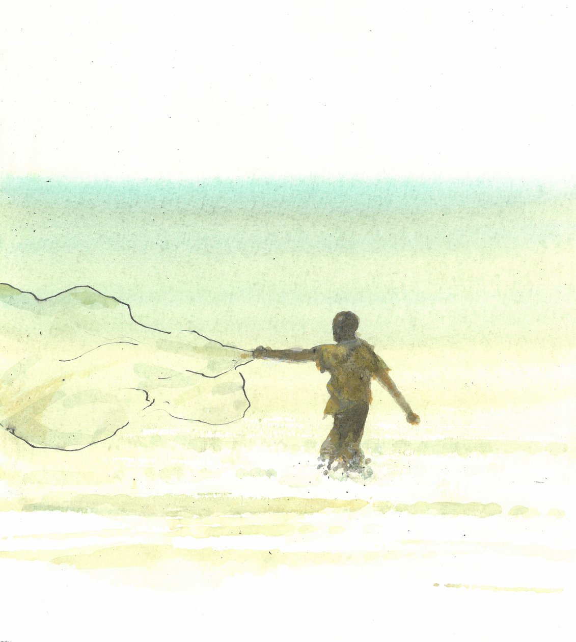 Lone Fisherman 6, 2015 (caneta e tinta com wc no papel) de Lincoln Seligman