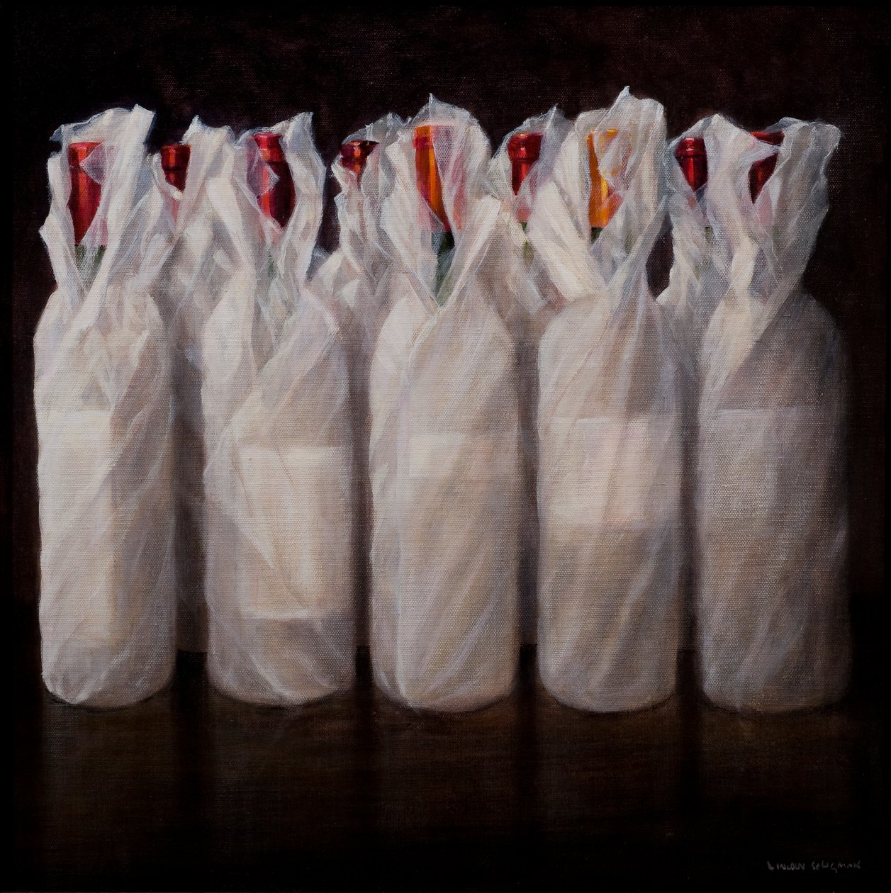 Garrafas de vinho embrulhado, 2010 (acrílico sobre tela) de Lincoln Seligman
