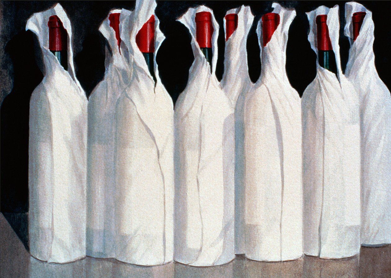 Garrafas de Vinho Envolto, Número 1, 1995 (acrílico sobre papel) de Lincoln Seligman