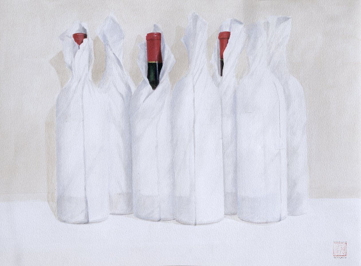 Garrafas embrulhadas 3, 2003 (acrílico sobre papel) de Lincoln Seligman